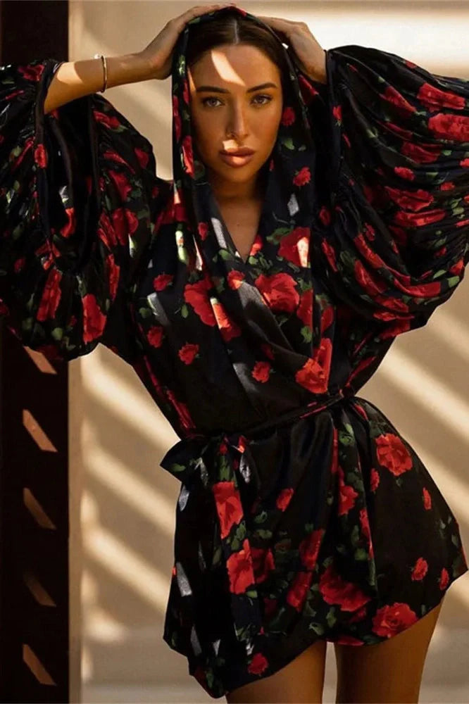 Printed Patchwork Long Sleeve Lace-Up V-Neck Mini Dress