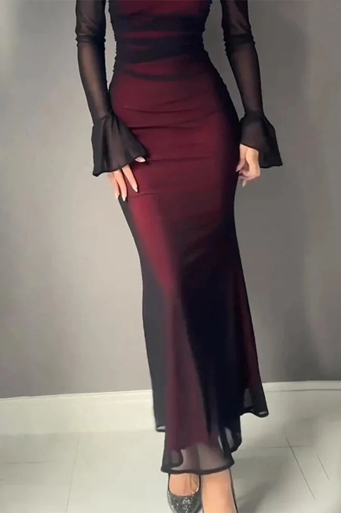 Printed Slim Long Sleeve Off Shoulder High Waist Maxi Dress