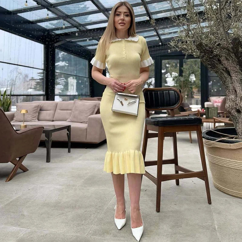 Knitted Short Sleeve Slim Midi Dress