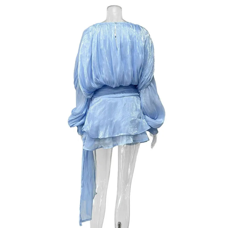 V Neck Patchwork Lace Up Long Sleeve Mini Dress