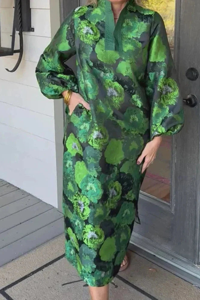 Elegant Pocket Floral Printed Long Sleeve Loose Maxi Dress