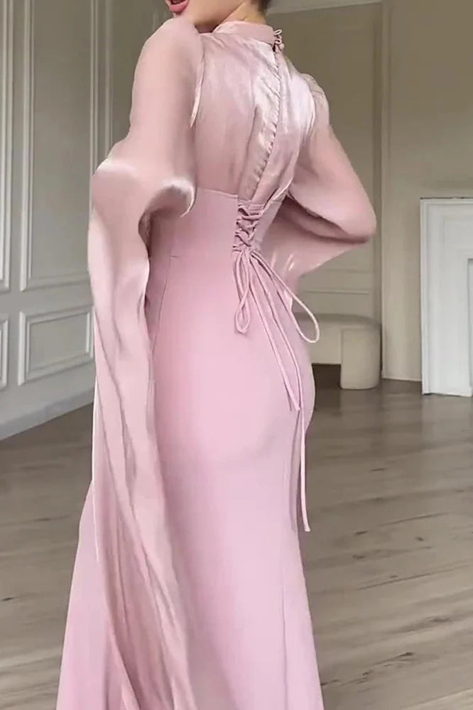 Elegant O-Neck Split Sleeve Slim Pleated High Waist Maxi Dress