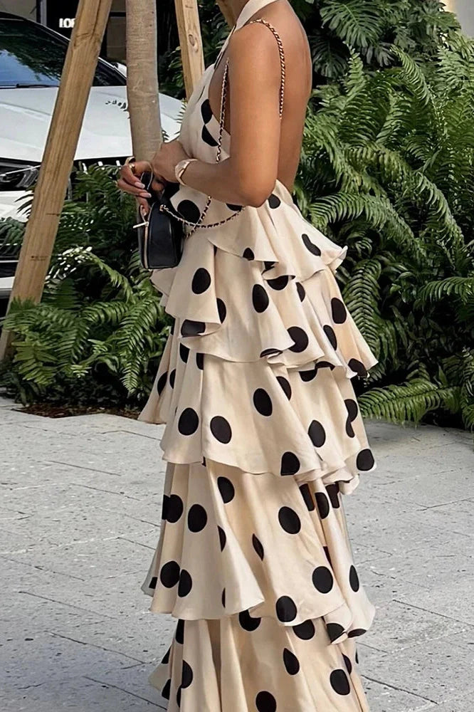 Elegant Backless Polka Dot Sleeveless Maxi Dress