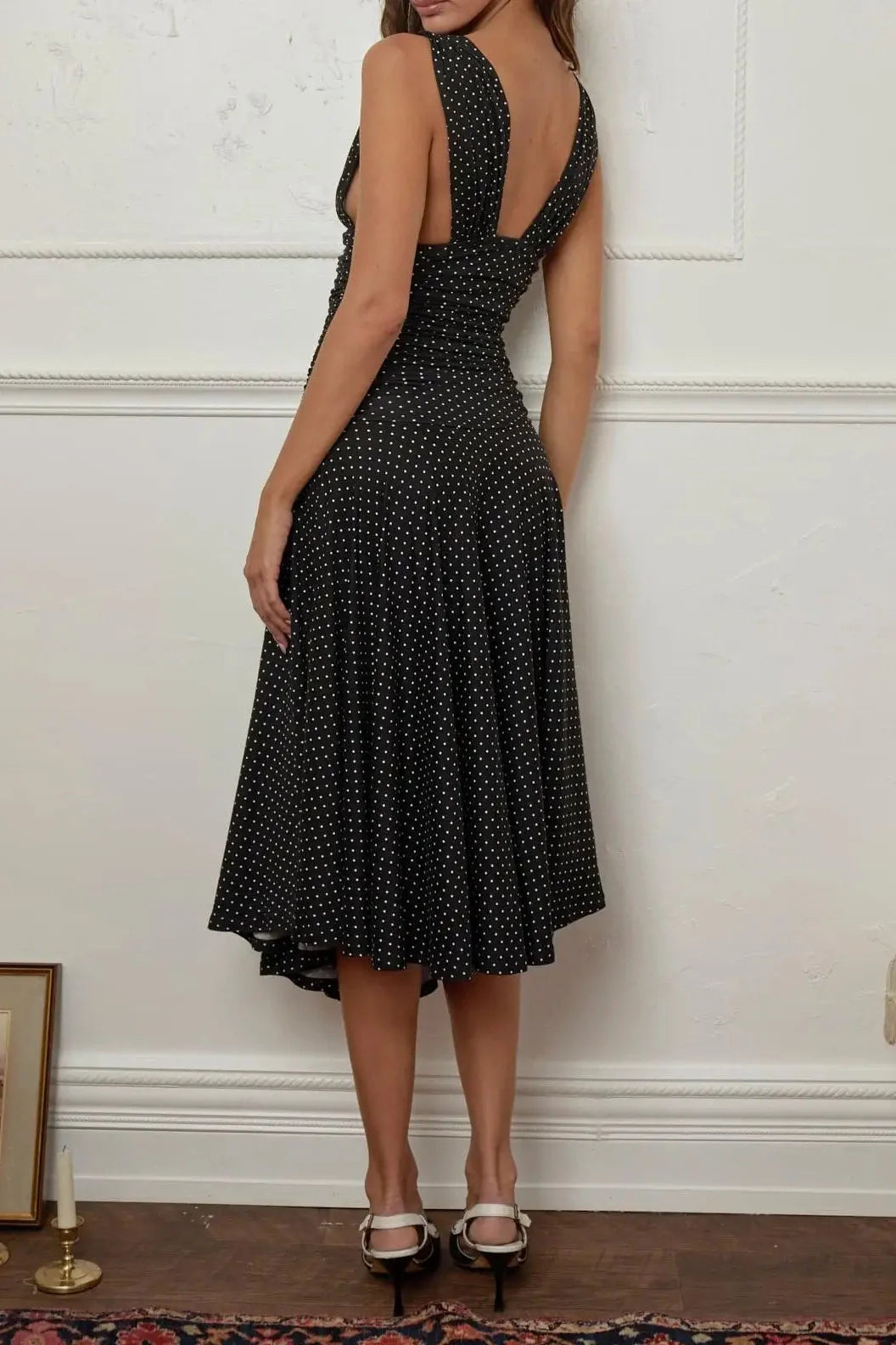 Printed Pleated Waist A-Line Sleeveless V-Neck Midi Dress
