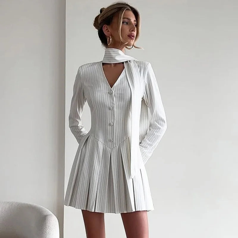 V Neck Button Scarf Ribbon Long Sleeve Mini Dress