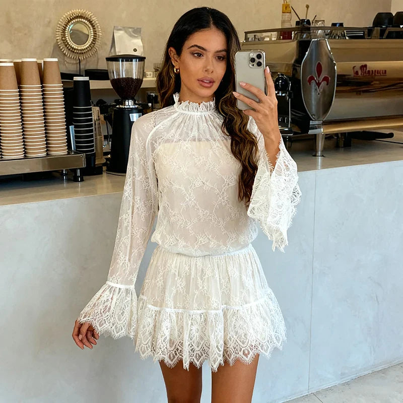 See Through Lace Long Sleeve High Waist Mini Dress