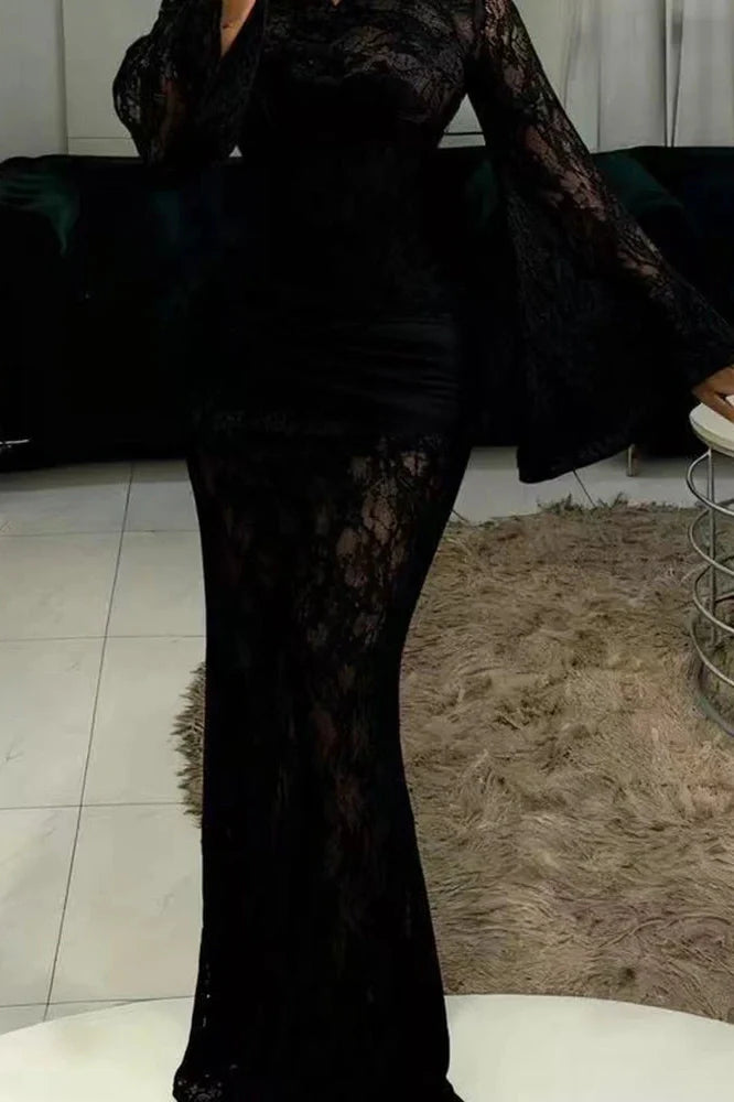 Hollow Out Lace Flare Sleeve High Waist Slim Maxi Dress