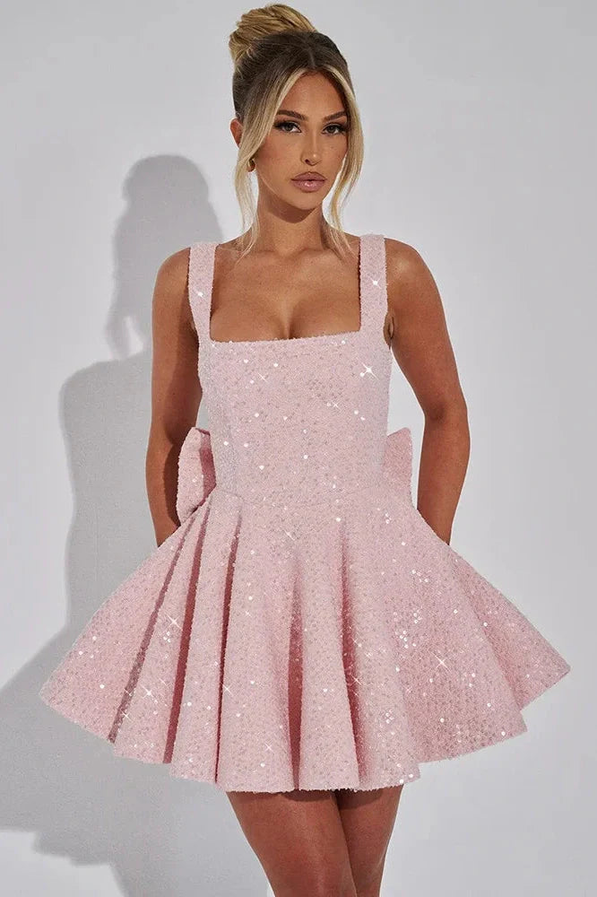 Backless Square Collar Sleeveless High Waist Mini Dress