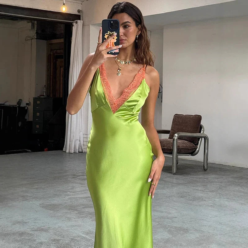 Lace Spaghetti Strap Deep V Neck Bodycon Maxi Dress