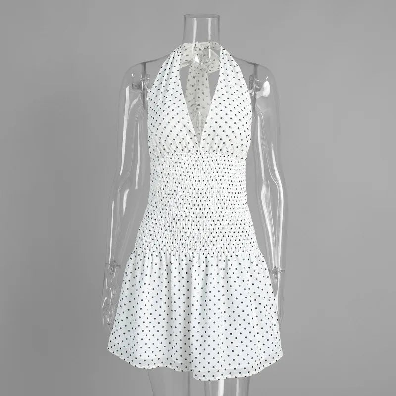 Polka Dot Lace Up Halter Neck Mini Dress