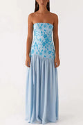 Off-Shoulder Split Print Strapless Backless Pleated Maxi Dress