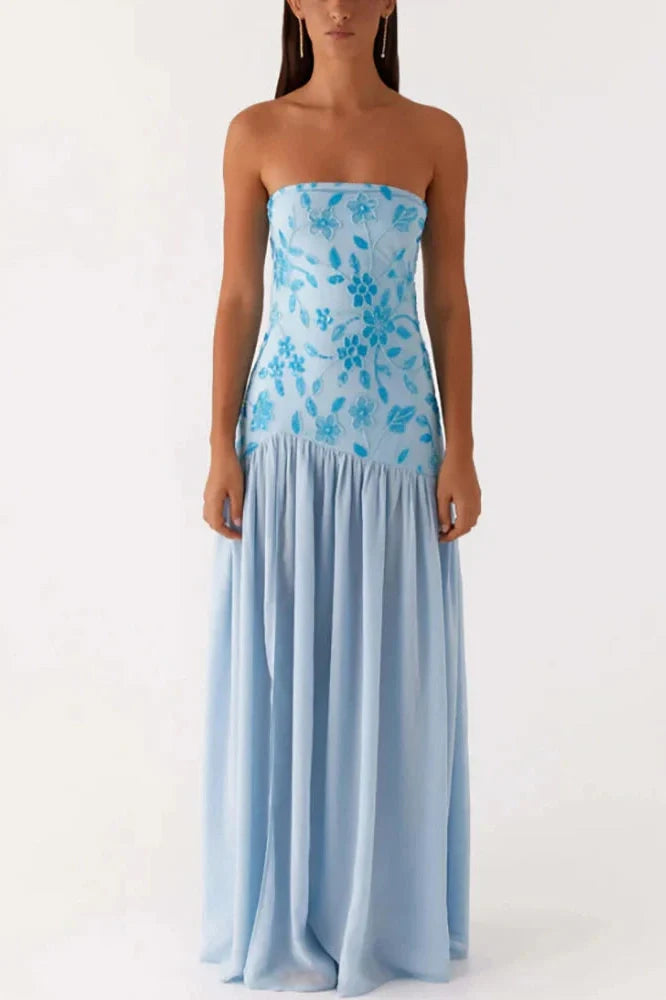 Off-Shoulder Split Print Strapless Backless Pleated Maxi Dress