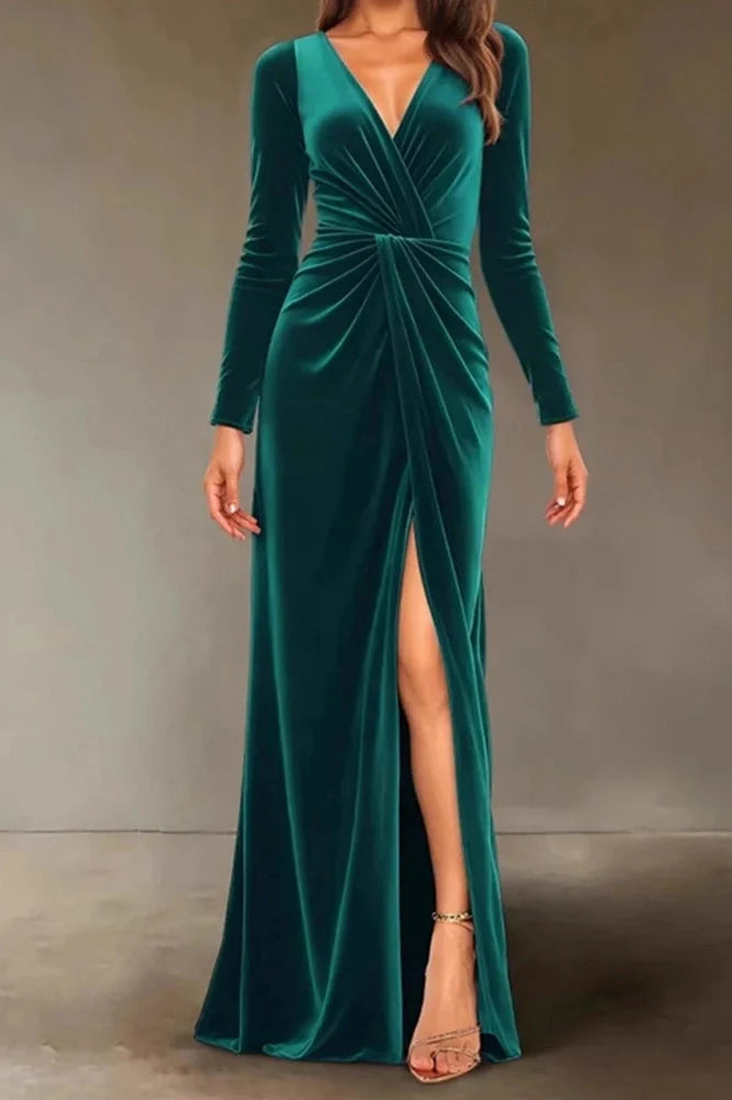 V-Neck Slim High Waist Pleated A-Line Maxi Dress