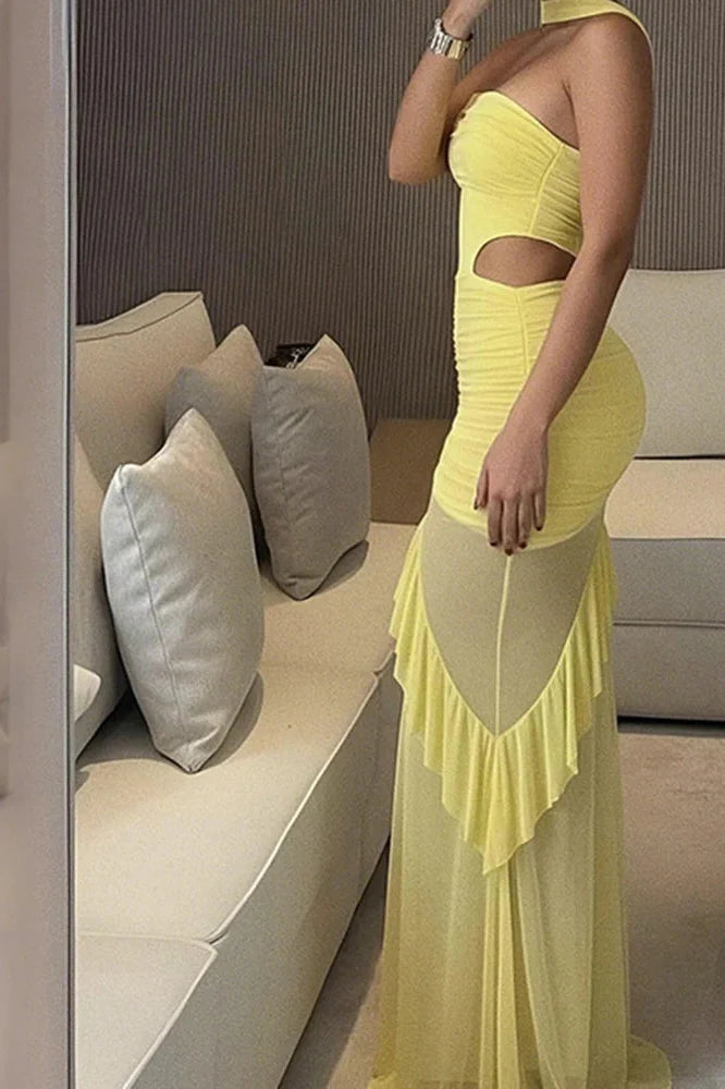 Hollow Waist Pleated Sleeveless Slim Maxi Dress