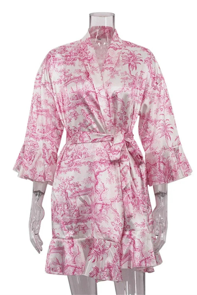 Printed Lace-Up V-Neck Patchwork Mini Dress