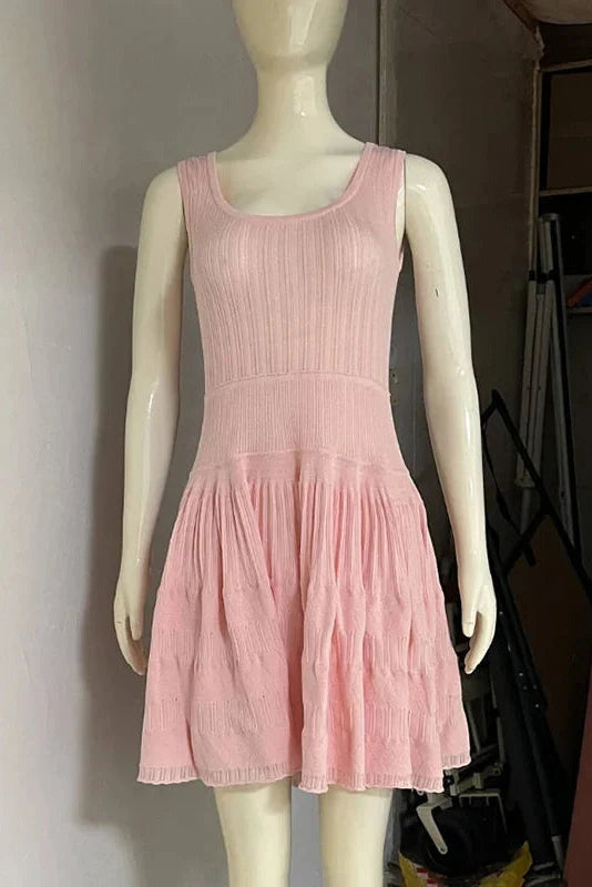 Hollow-Out Slim Knitted Sleeveless A-Line High Waist Mini Dress