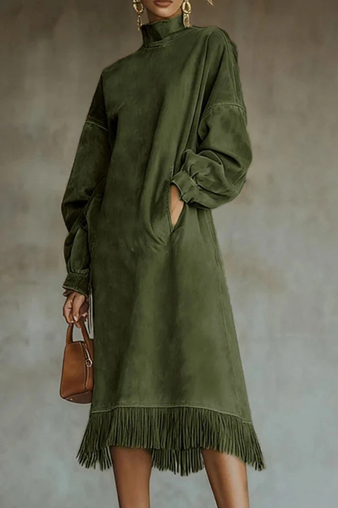Elegant High Collar Loose A-Line High Waist Pocket Midi Dress