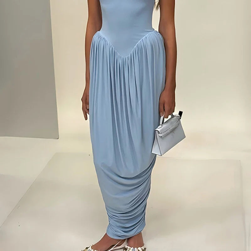 Elegant  Pleated High Neck Slit Maxi Dress