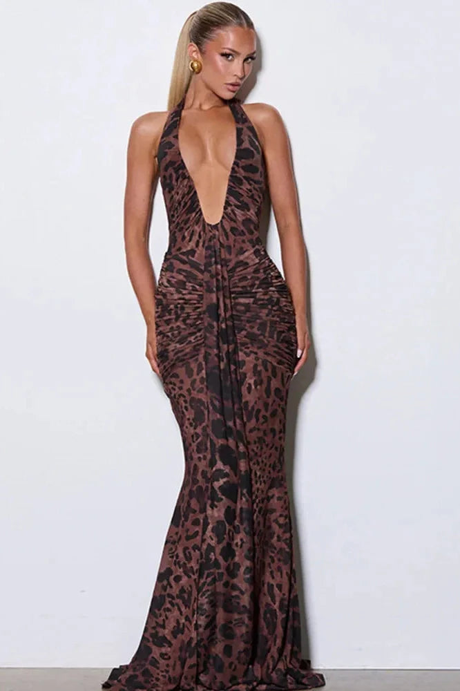 Printed Backless Deep V Neck Sleeveless Bodycon Maxi Dress