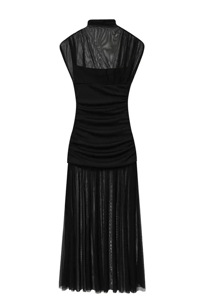 Sleeveless See-Through Patchwork Pleated Maxi Dress