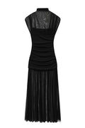Sleeveless See-Through Patchwork Pleated Maxi Dress
