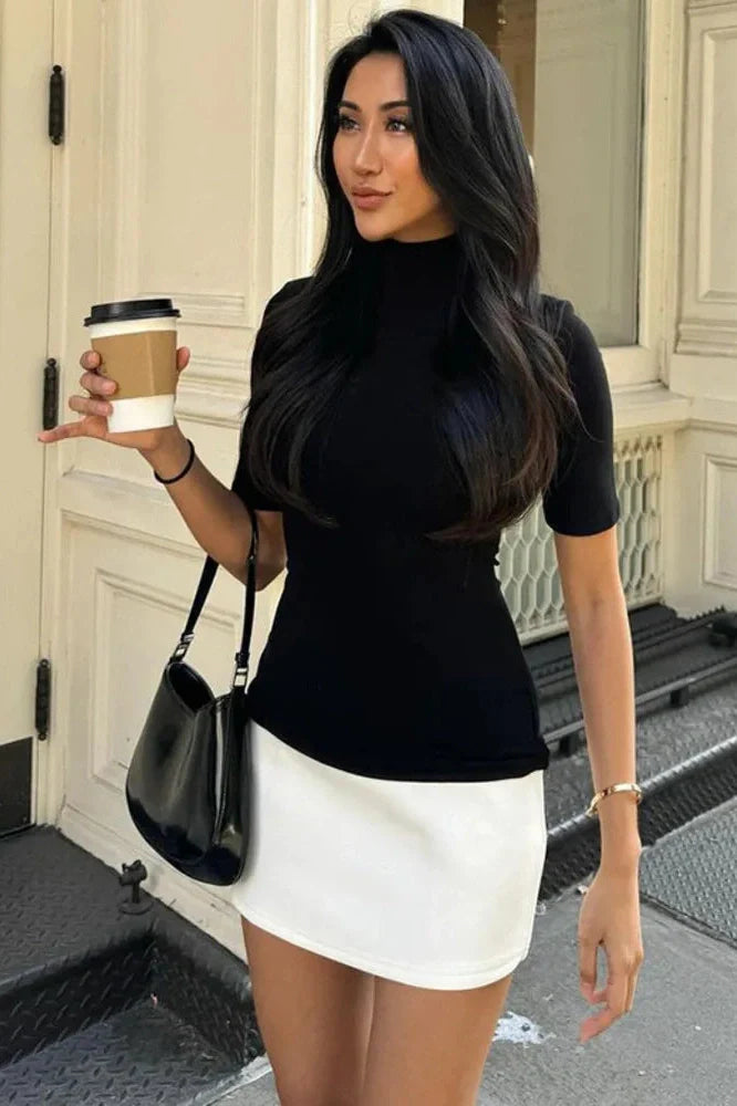 High Collar Half Sleeve Patchwork High Waist Mini Dress