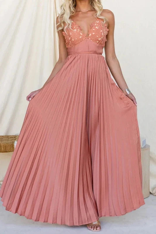Backless Pleated Lace Sleeveless High Waist Maxi Dress