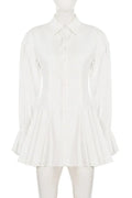 Elegant Pleated Slim Button Long-Sleeve Mini Dress