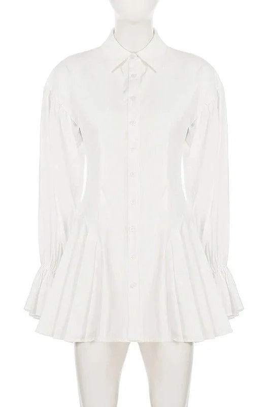 Elegant Pleated Slim Button Long-Sleeve Mini Dress