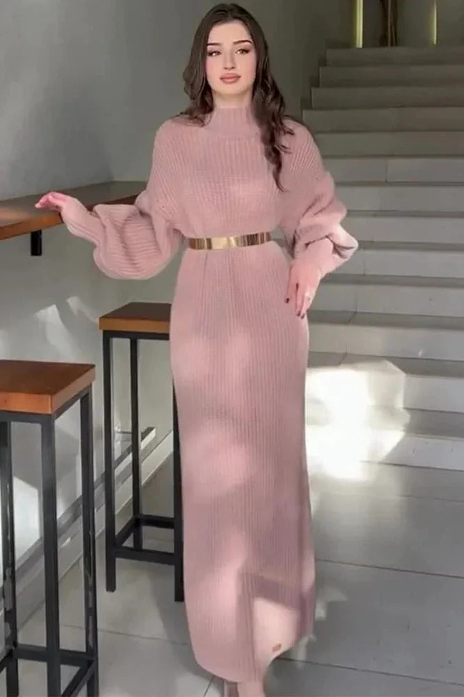 Elegant Knitted Turtleneck Long Sleeve Maxi Dress
