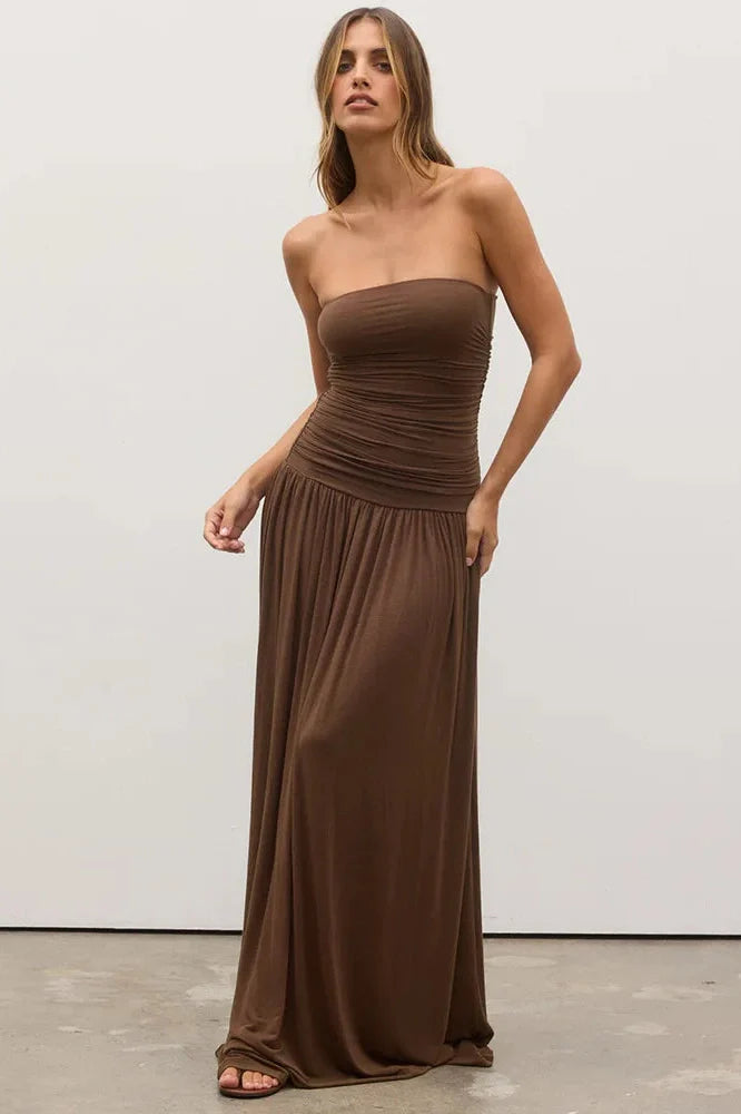 Off-Shoulder Strapless Pleated Sleeveless High Waist Maxi Dress