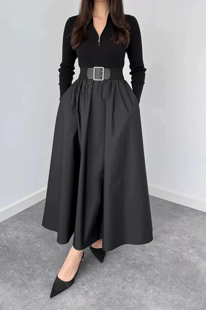 Elegant Zipper Pleated Knitted High Waist Maxi Dress