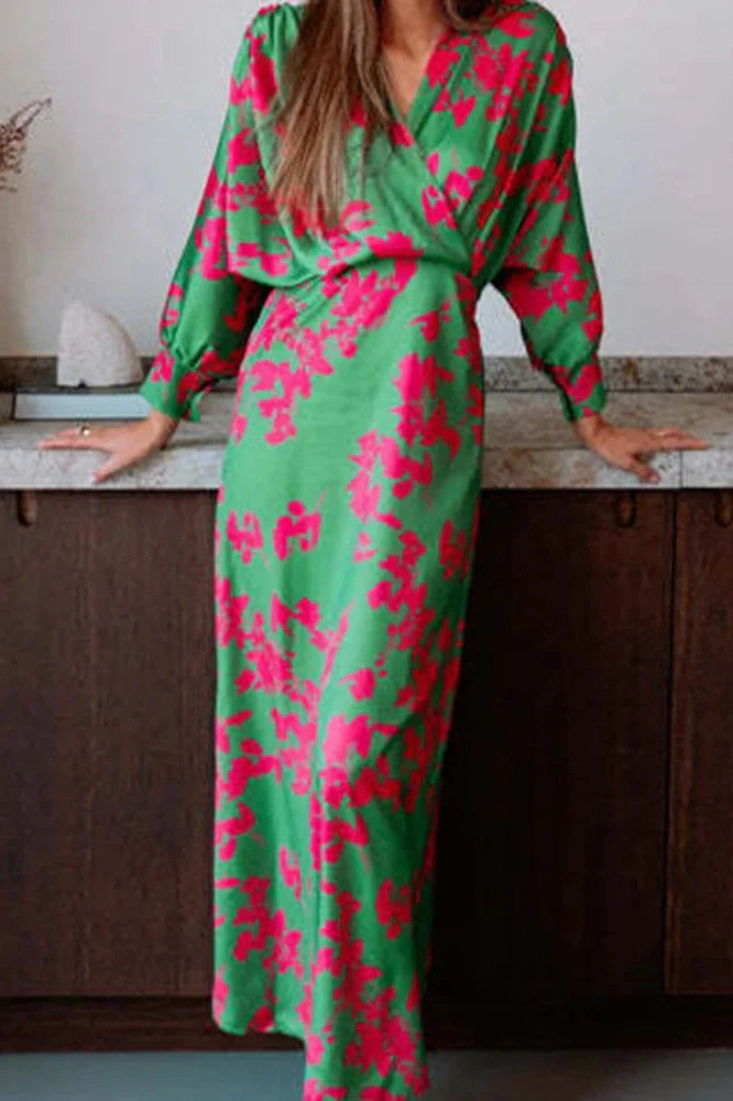 Elegant Long Sleeve High Waist Printed V-Neck Maxi Dress