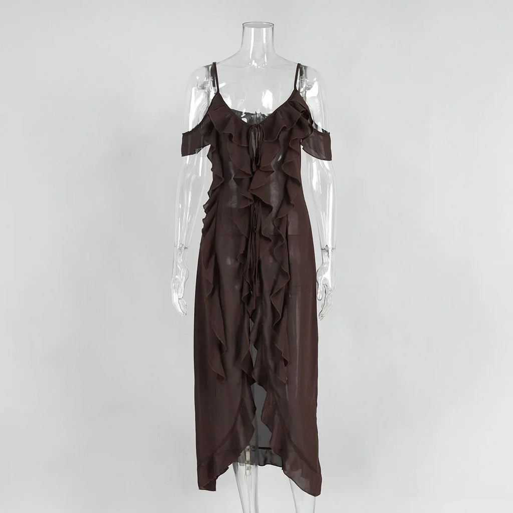 V Neck See-Through Sleeveless Irregular Midi Dress