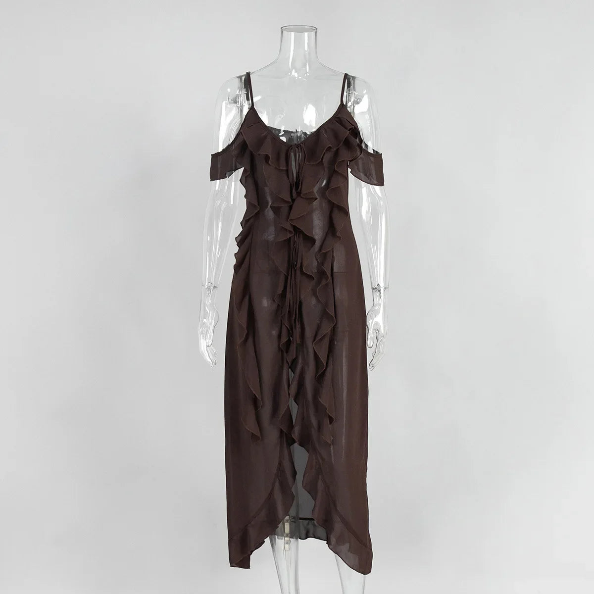 V Neck See-Through Sleeveless Irregular Midi Dress