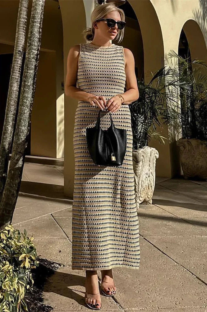 Striped See-Through Sleeveless High Waist Patchwork Maxi Dress