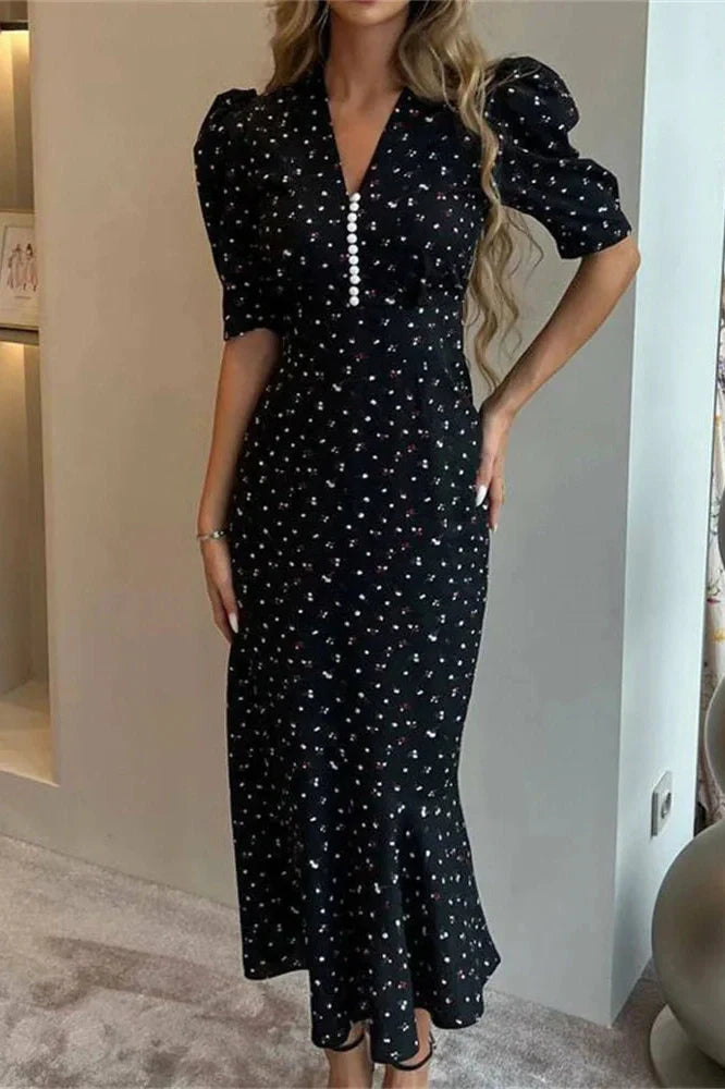 Printed High Waist V-Neck Short Sleeve Slim Maxi Dress