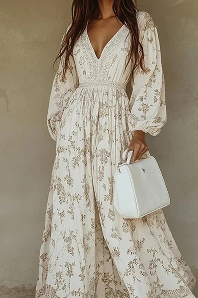 Elegant Long Sleeve Lace V-Neck Printed Maxi Dress