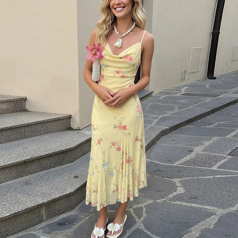 Printed Backless Patchwork See-Through Midi Dress