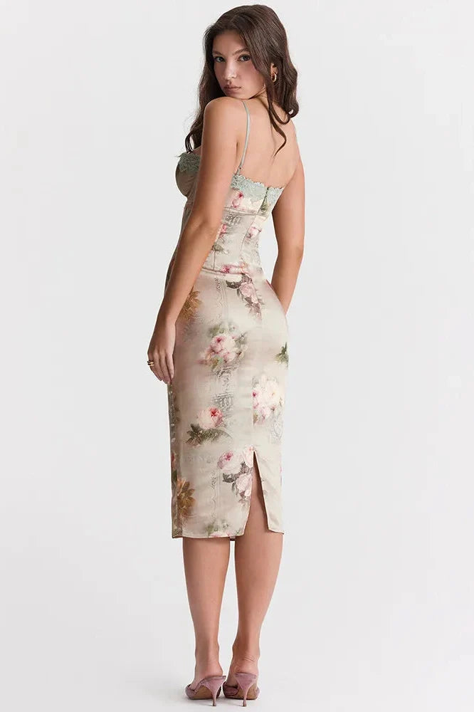 Spaghetti Strap Lace Print Strapless Backless Midi Dress
