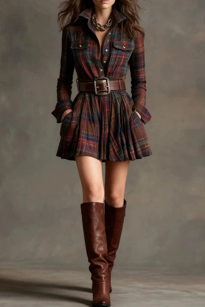 Long Sleeve Pleated High Waist Slim Stripe Printed Mini Dress