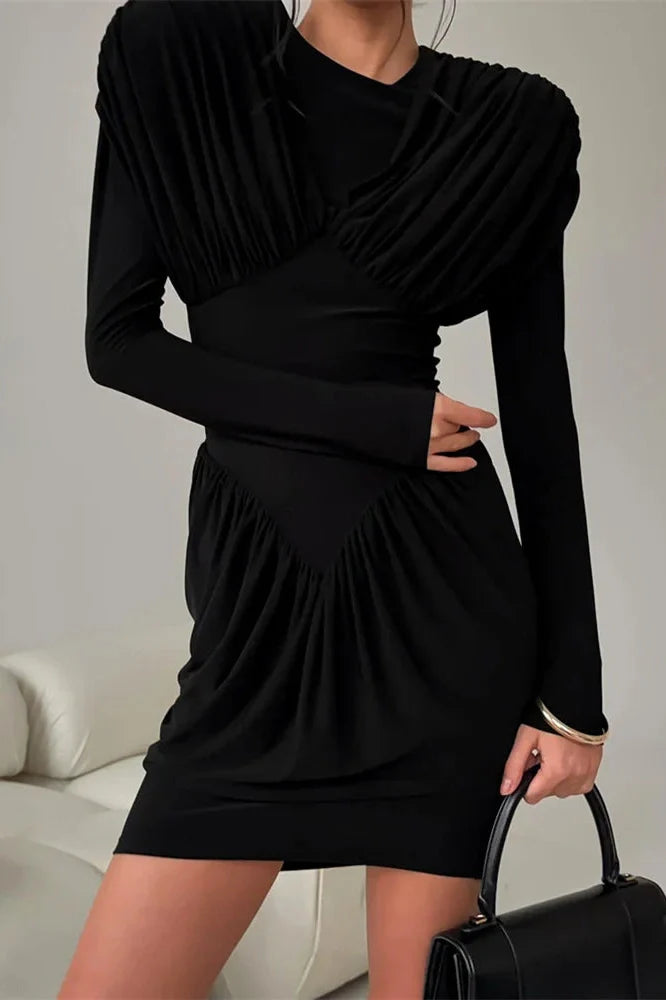 Pleated Patchwork Long Sleeve Bodycon Mini Dress