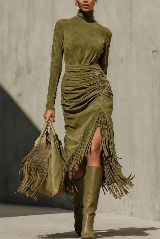 Long Sleeve Turtleneck Fit High Waist Midi Dress