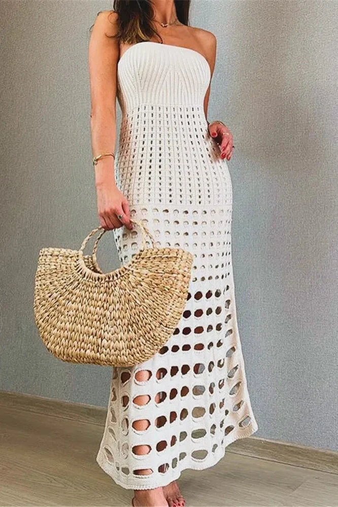 Hollow Out Strapless Off-Shoulder Knit Sleeveless Backless Maxi Dress