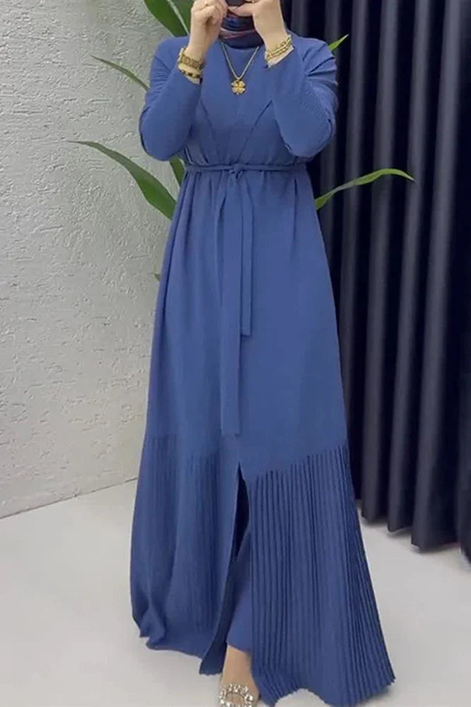 Elegant O-Neck Long Sleeve High Waist Pleated Maxi Dress