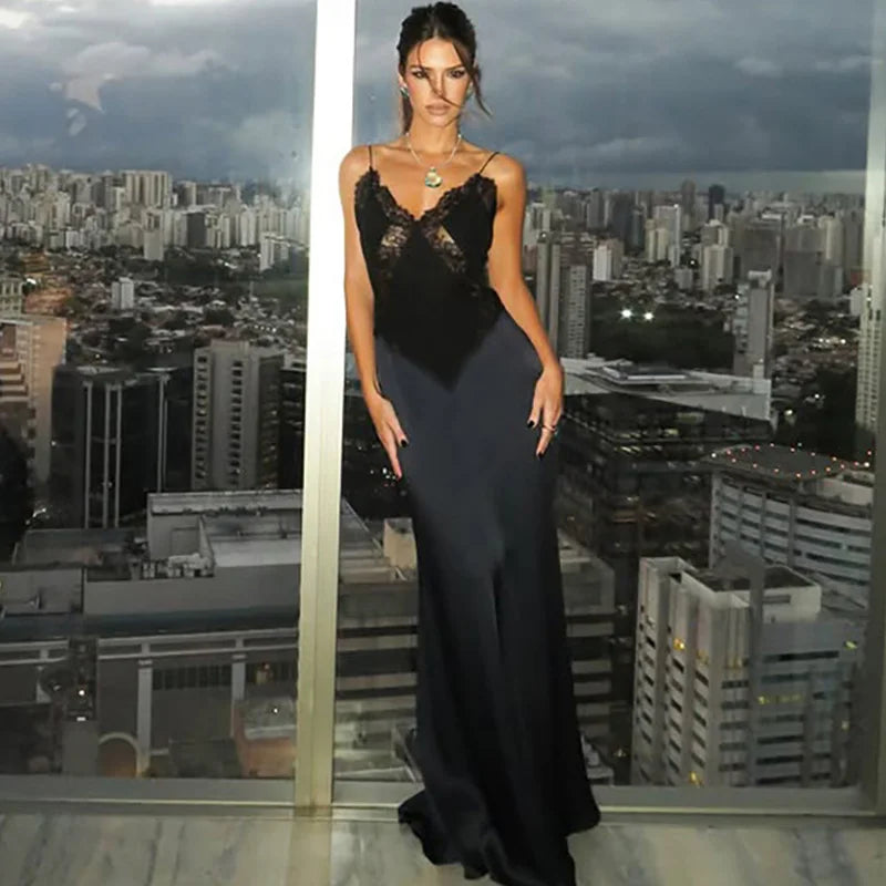 Elegant Backless Hollow Out See Through Patchwork Maxi Dress