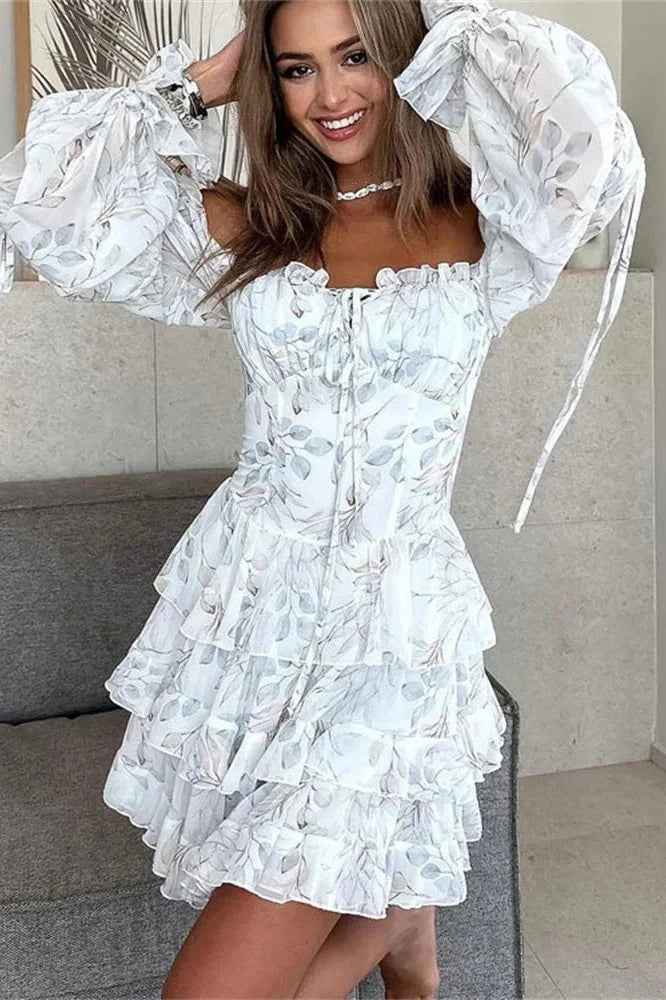 Printed Lace-Up Square Collar Patchwork Mini Dress