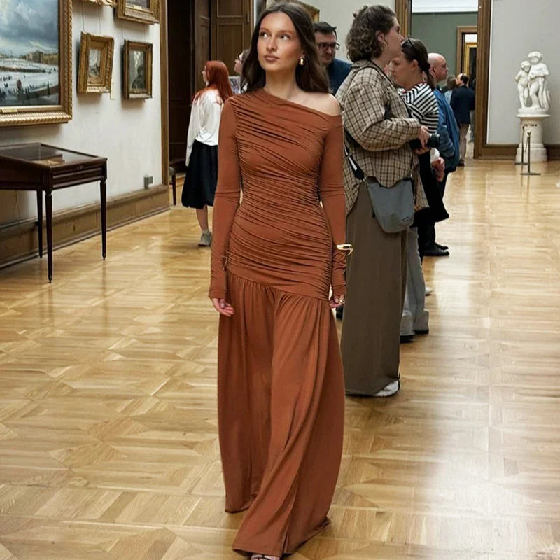 Off Shoulder Patchwork Pleated Long Sleeve Maxi Dress
