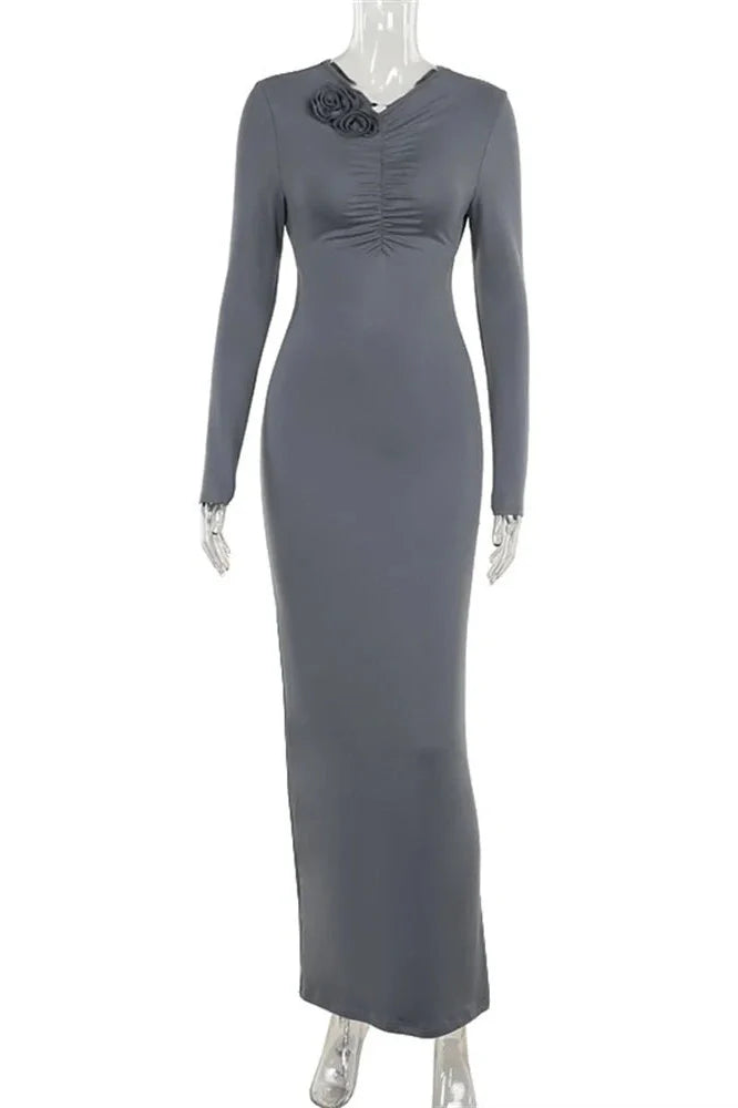 Patchwork Long Sleeve Backless Slim Maxi Dress