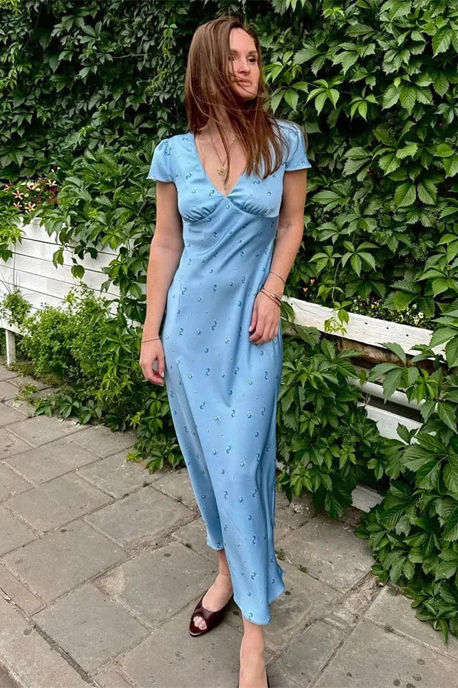 V-Neck Printed High Waist Slim Midi Dress